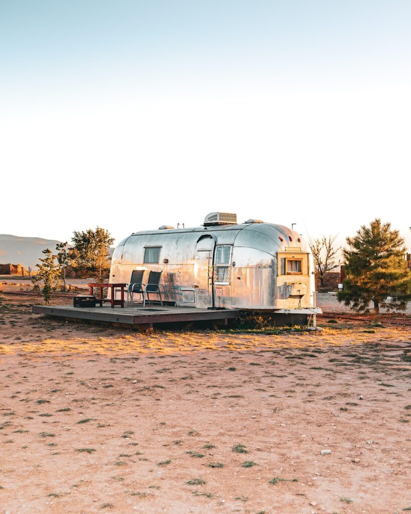 airstream, trailer, camping, travel, vintage, 1969, retro, desert, sky, nature, sunset, golden hour, hotel